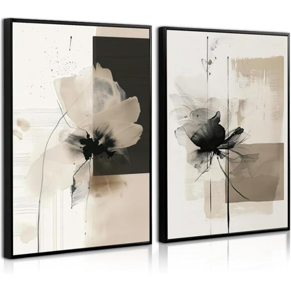 Modern abstract floral wall art neutral beige black canvas prints set of 2 decor